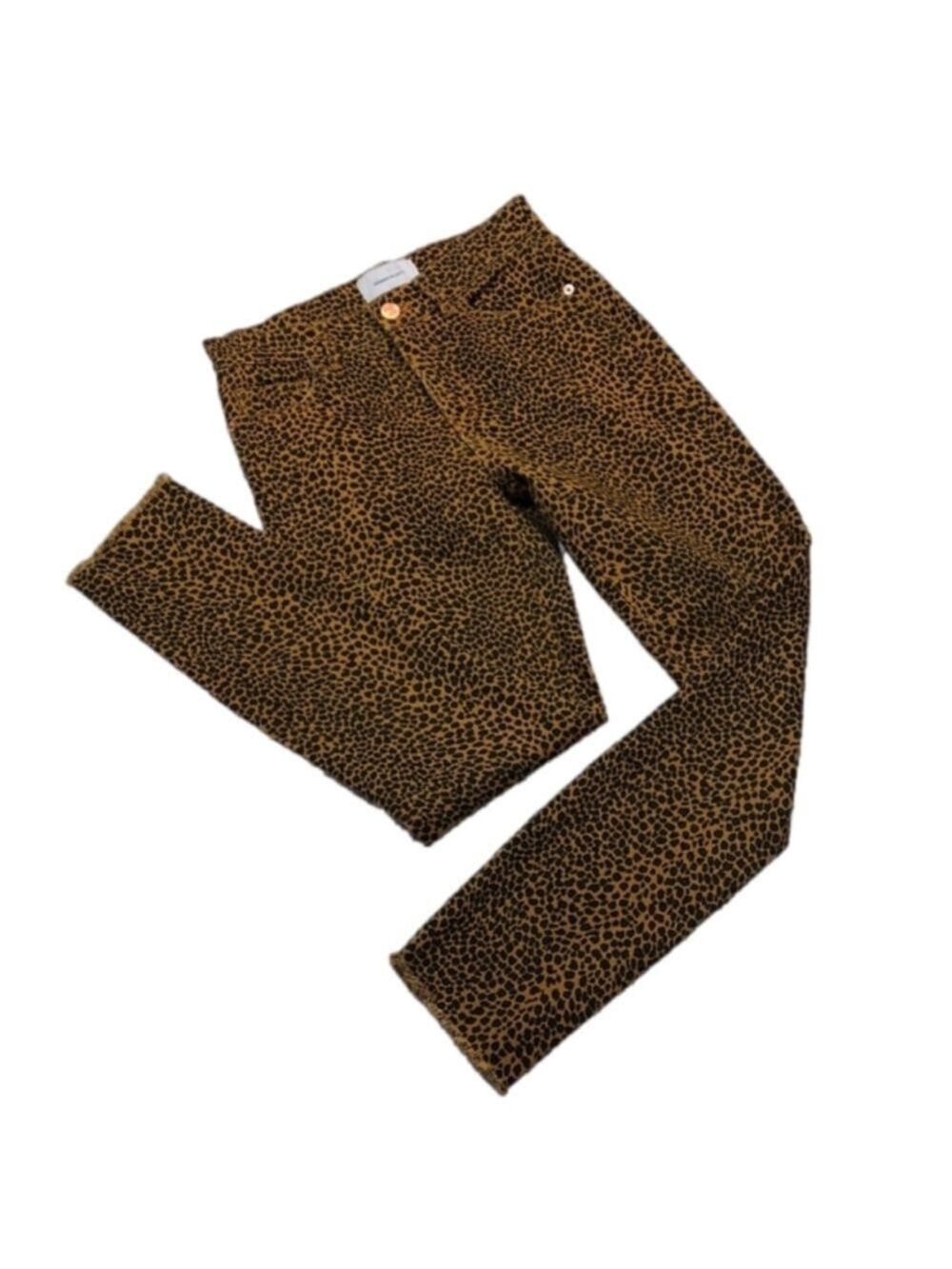 Current/ Elliott Mustard Leopard Print Five Pocket High Rise Raw Hem Skinny Jean